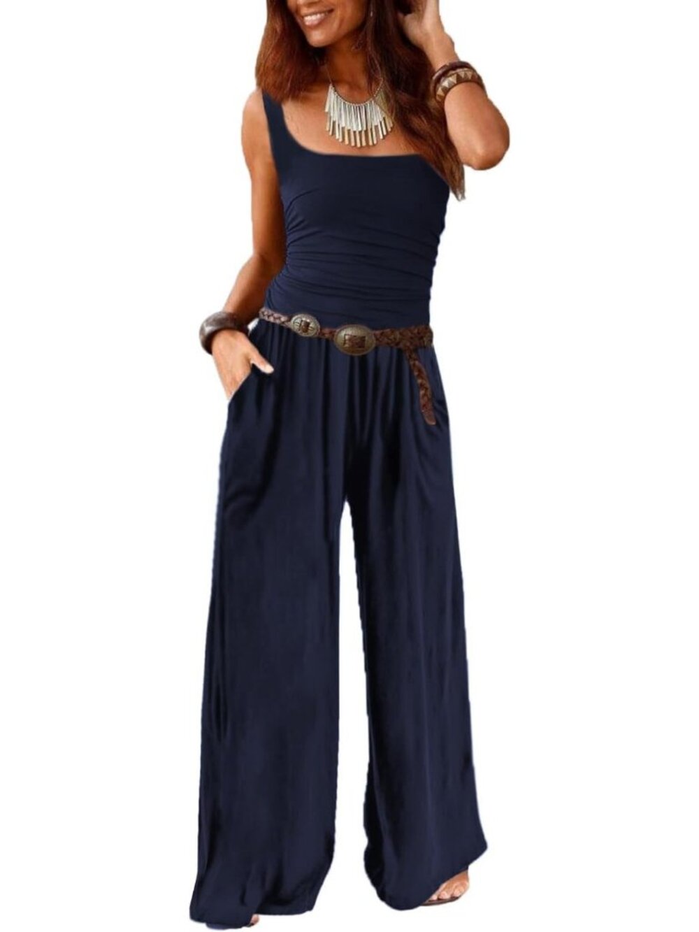 Women's Tank Navy Summer Jumpsuit Sleeveless Wide Leg Long Romper With Pockets